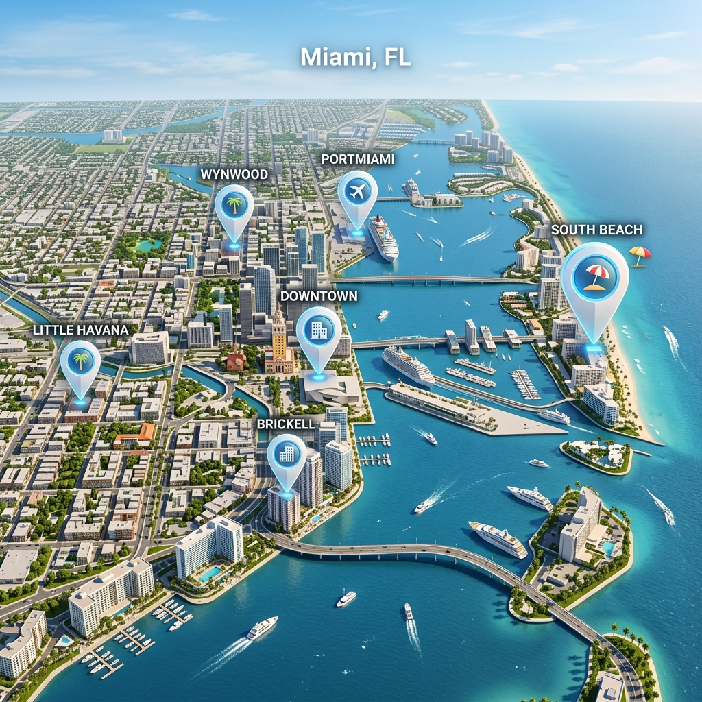 3D map of Miami with location markers