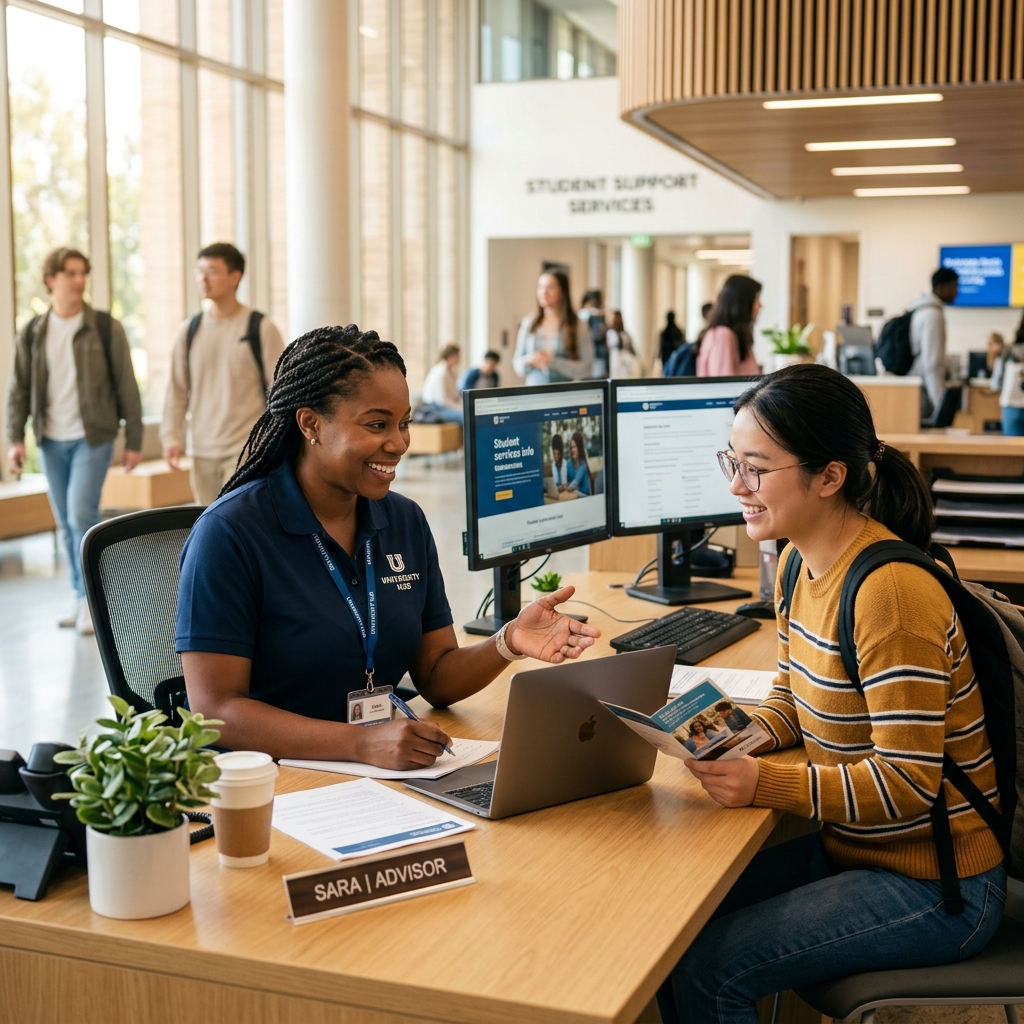Customer service representative helping a student