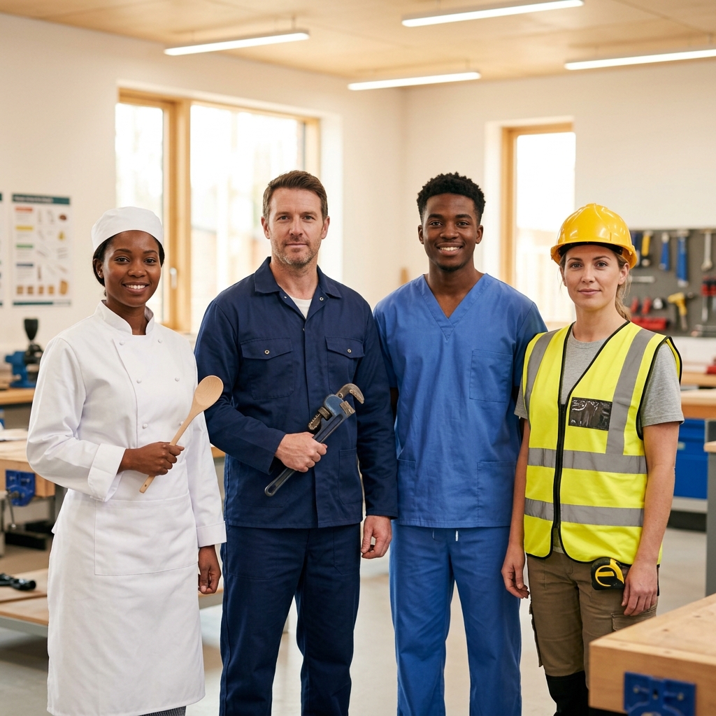 Diverse group of potential students including a chef, plumber, nurse, and construction worker