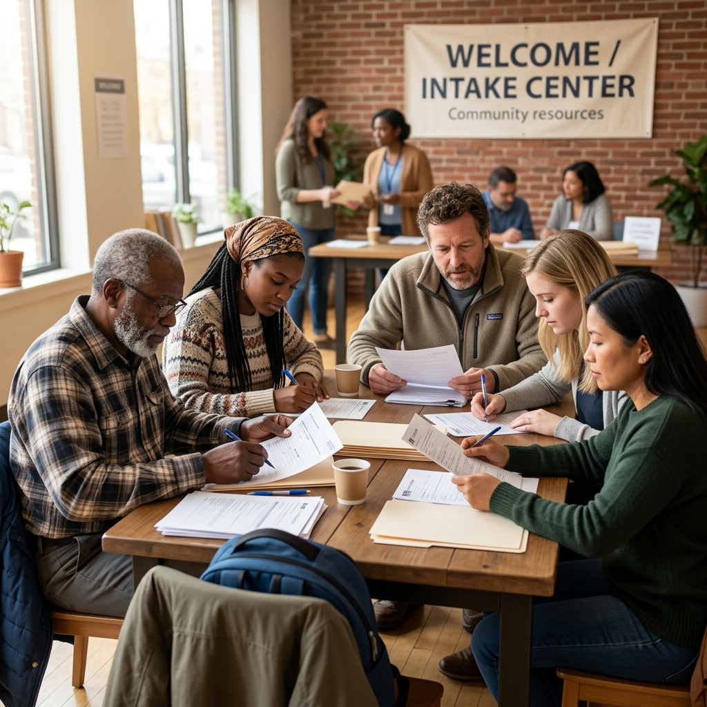 Diverse refugees and immigrants at an intake center